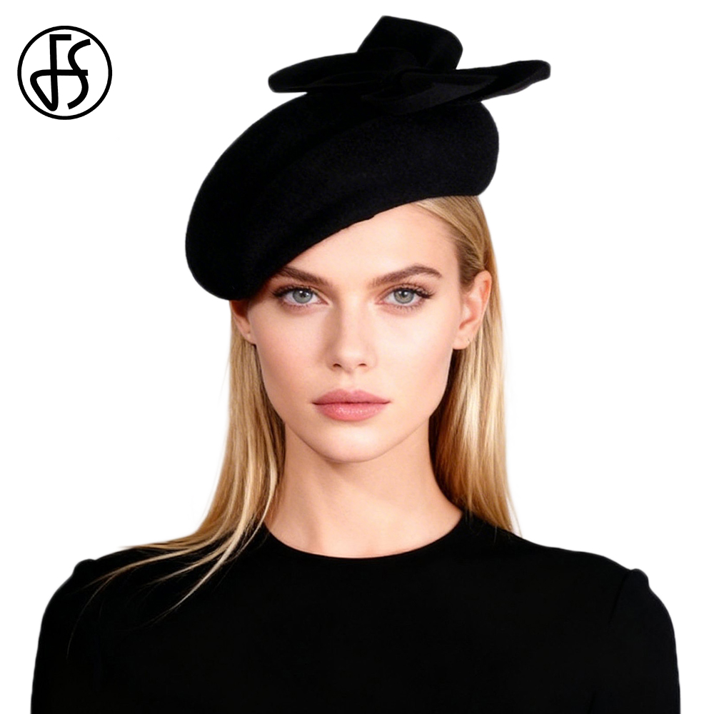 Beret French Wool - FS Black White Wool Fascinator Hats