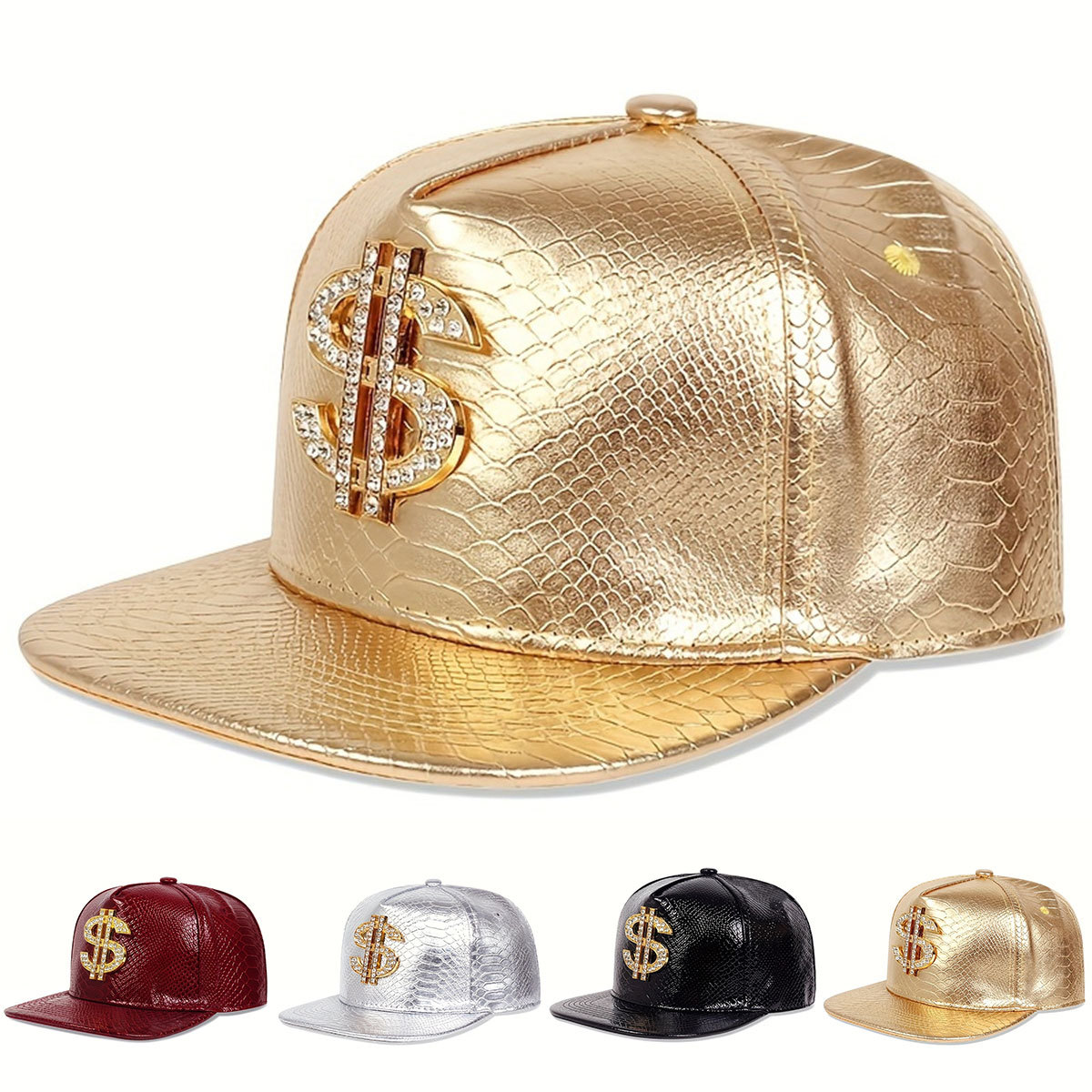 Leather Metallic Dollar Sign B - Snapback Hat Flat reseña y precio